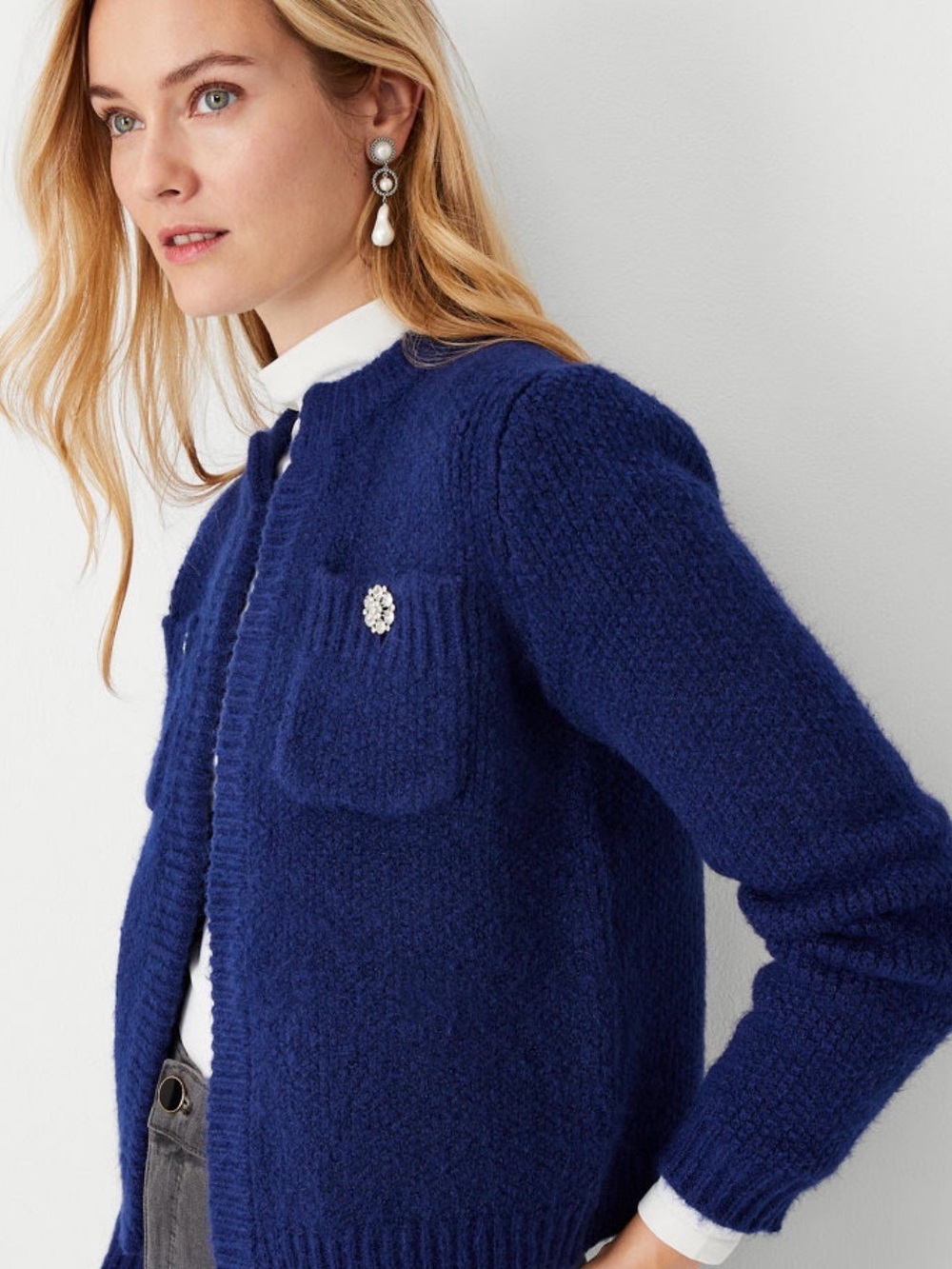 Ann Taylor Navy Blue Knit Cardigan with Jewel Pocket Buttons